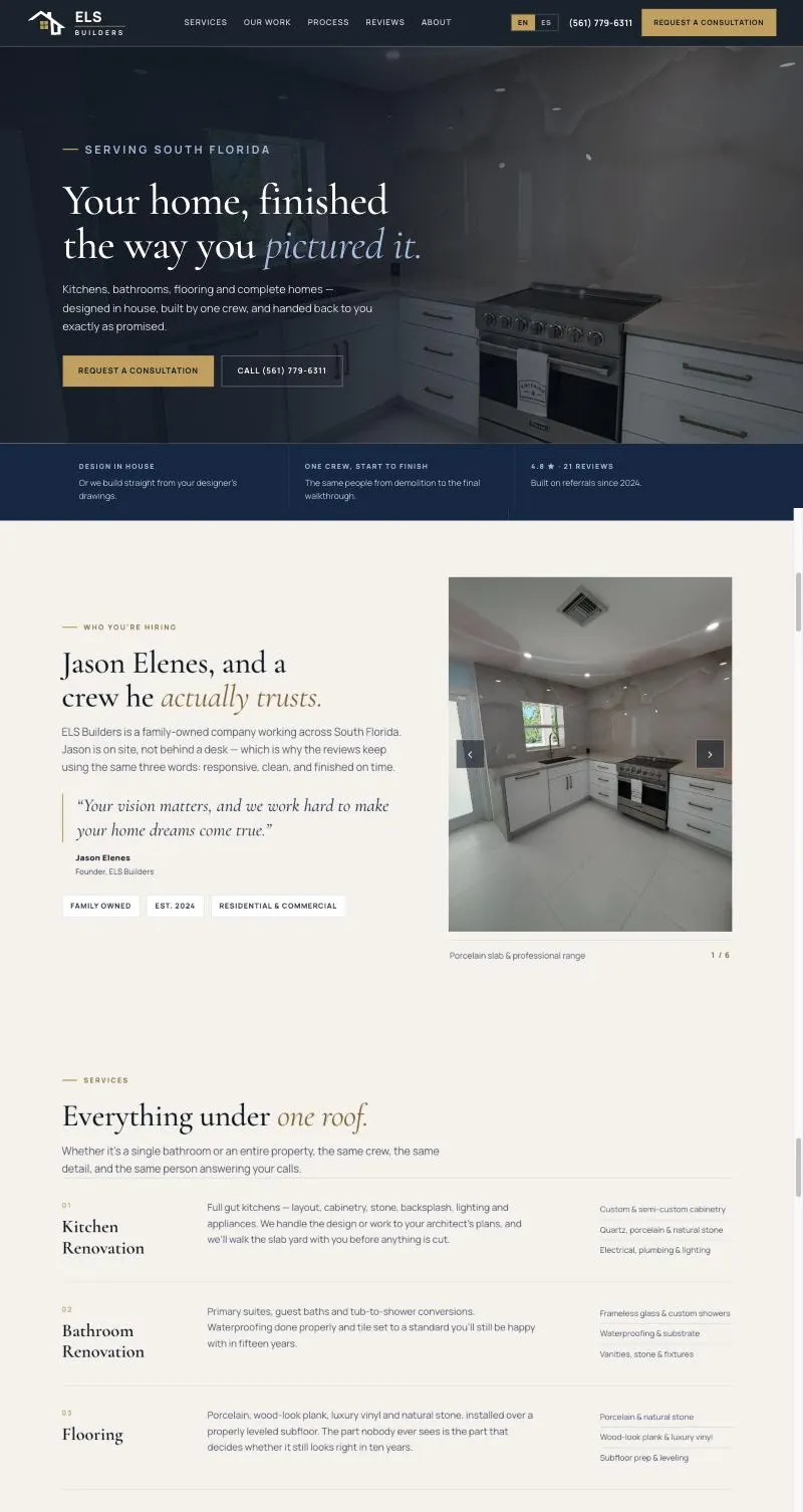 Scrolling view of the ELS Builders homepage